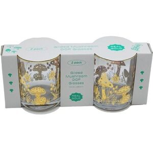 Retro Style Gold Mushroom Drinkware Glasses Set Of‎ 2 Whiskey Lowball Barware 4"